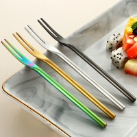 創(chuàng)意日式304不銹鋼砂光實(shí)心水果叉長柄圓柄月餅甜品蛋糕2齒水果簽